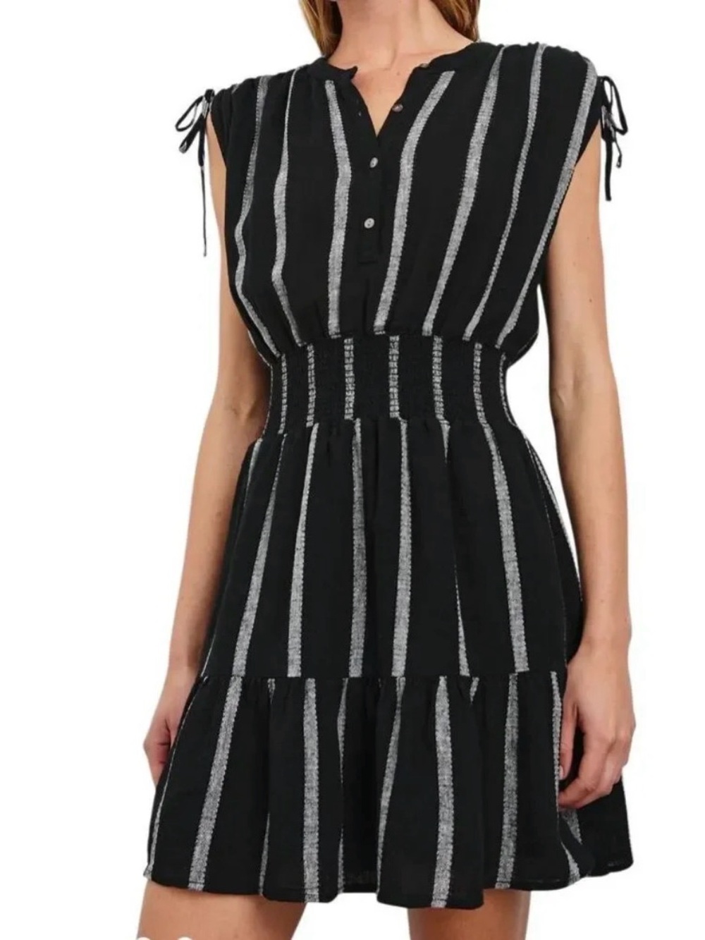 Rails Dress Large Black Striped Samina Linen Cotton Tie Shoulder Mini-size S